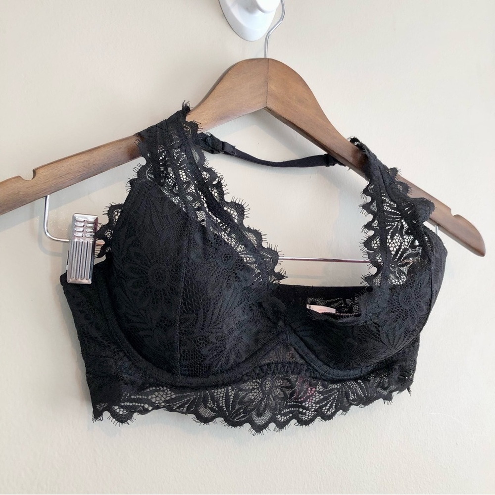 Victorias Secret Pink Full Lace Lined Halter Strap Bralette Bra Black